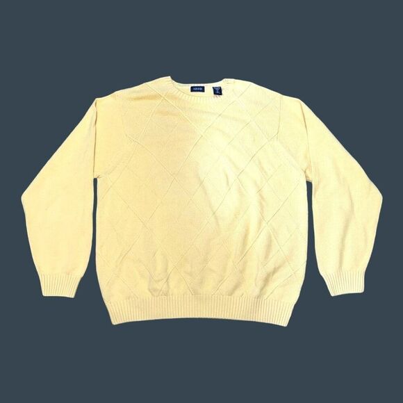 Izod XL Yellow Argyle Sweater 100% Cotton Crew Neck Long Sleeve Mens Pullover - Picture 1 of 6